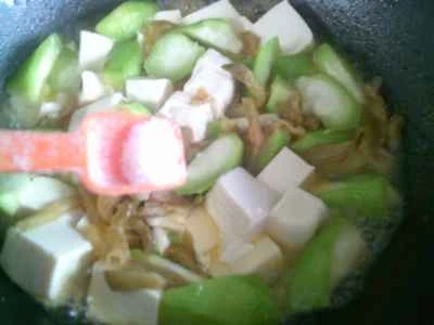 漬けたカラシナ、細切りヘチマ、角切りヘチマを使った煮豆腐の作り方：9