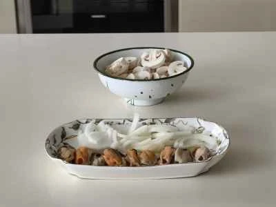 きのこ、玉ねぎ、ムール貝の作り方：2
