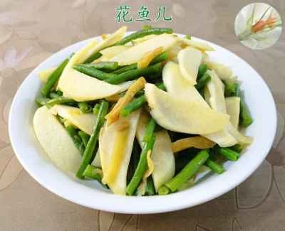 水たけのこの炒め物、カラシナの漬物、リボン豆のレシピ